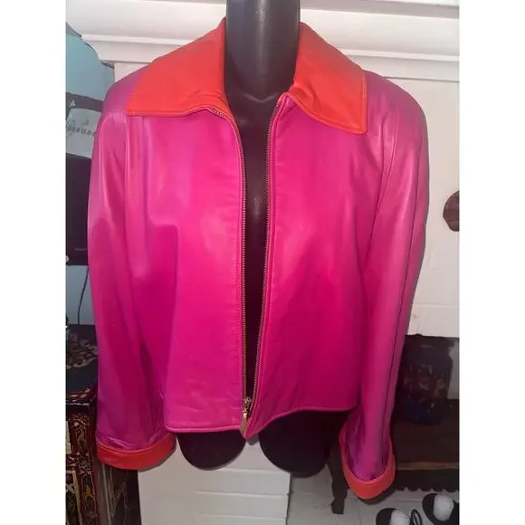 VINTAGE 80's UNWORN VAKKO PINK/ORANGE GLOVE LEATHER JACKET MOD S - Picture 1 of 11